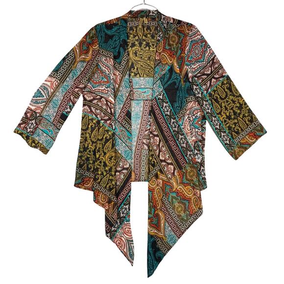 Chenault Sweaters - Chenault Multi-Color Paisley Print Open Front Waterfall Cardigan Topper - Size M